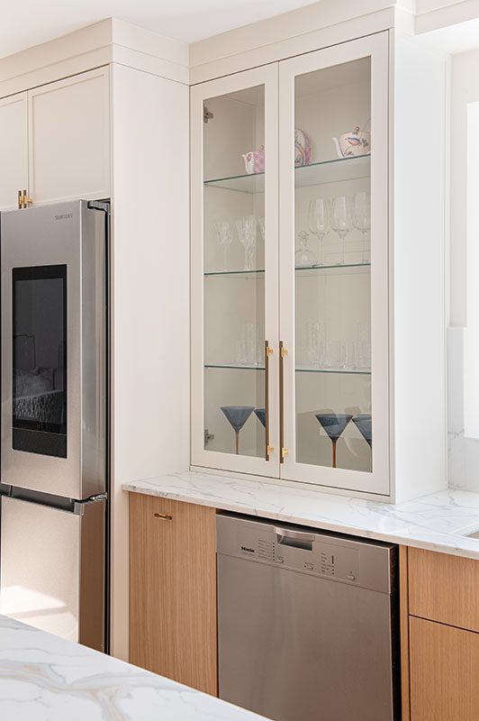 kitchen cabinet, built in dishwasher and fridge
